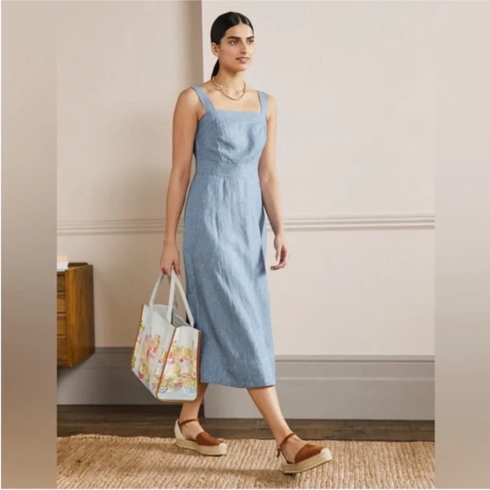 Boden Virginie Linen Midi Dress Chambray bra friendly coastal 16/18R 16 18 - Picture 3 of 16